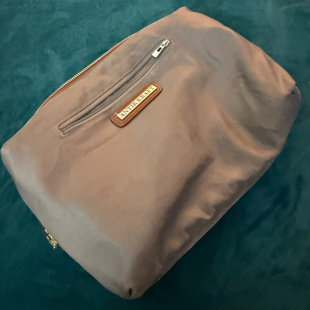 Antik‎ Kraft Taupe Canvas Clutch Bag Purse with Brown Trim and Zipper Closure